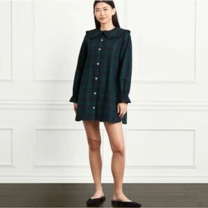 Hill House Evelyn Blackwatch Tartan Plaid Long sleeve Cotton Mini Dress sz XS